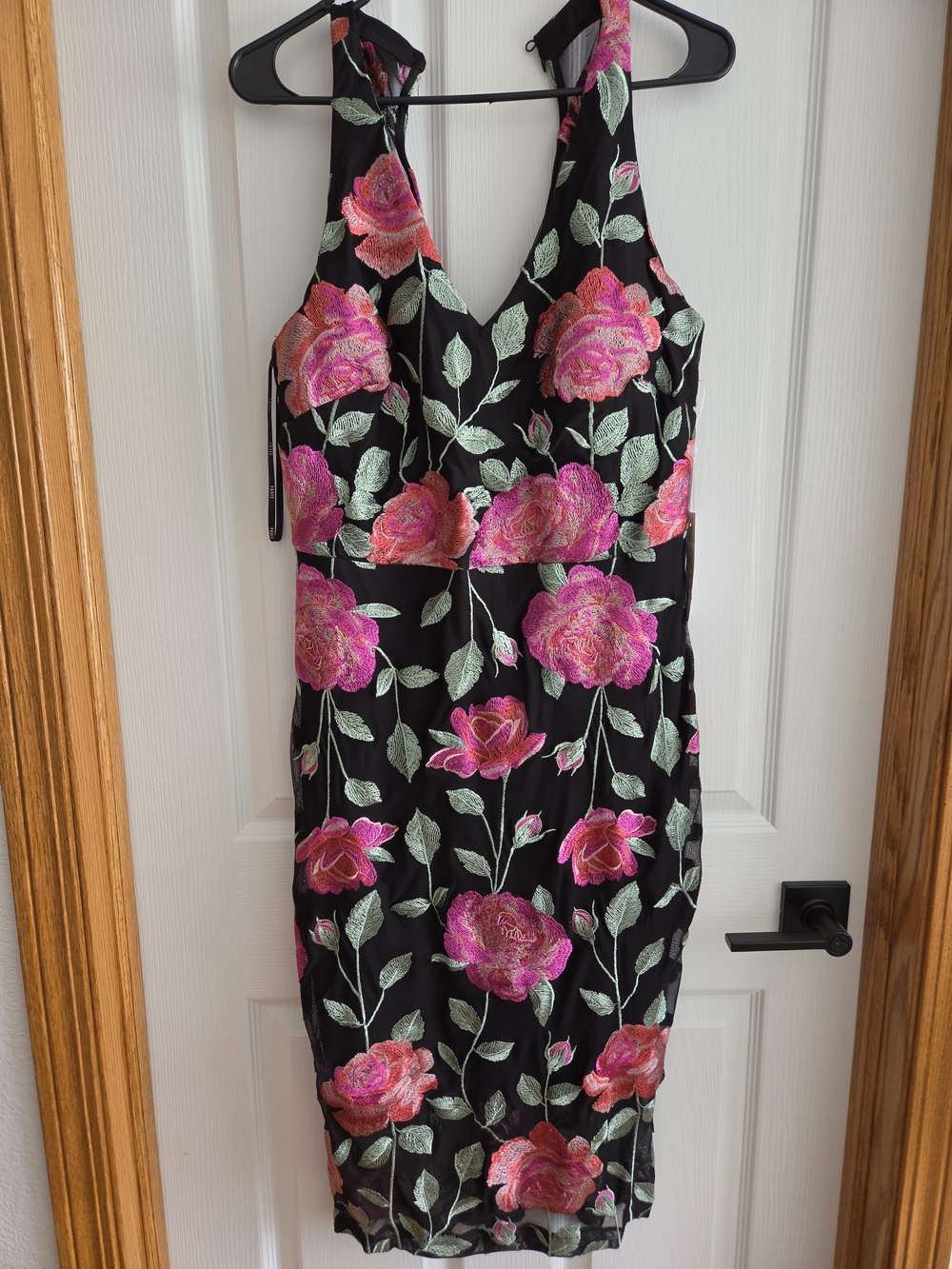 Siena Studio Black Midi Dress with Pink Floral Embroidery